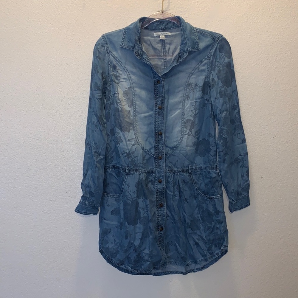 American Eagle Outfitters blue floral denim long sleeve mini dress